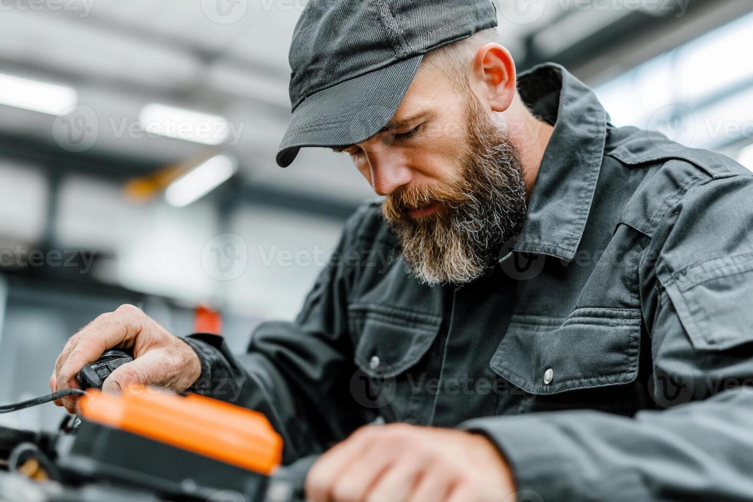 A man with a beard and hat working on a car photo