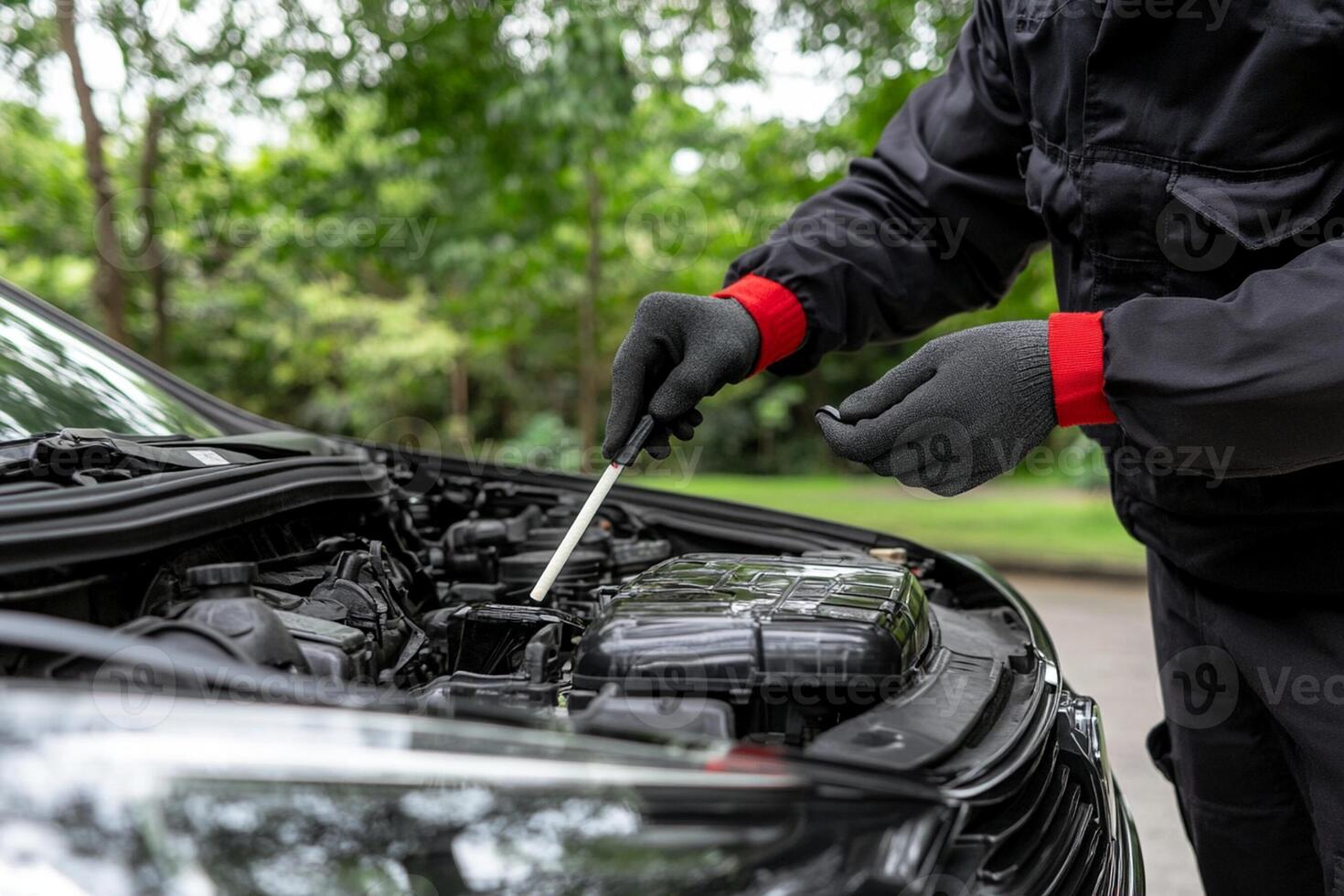 A man in black gloves and gloves is fixing the engine of a car photo