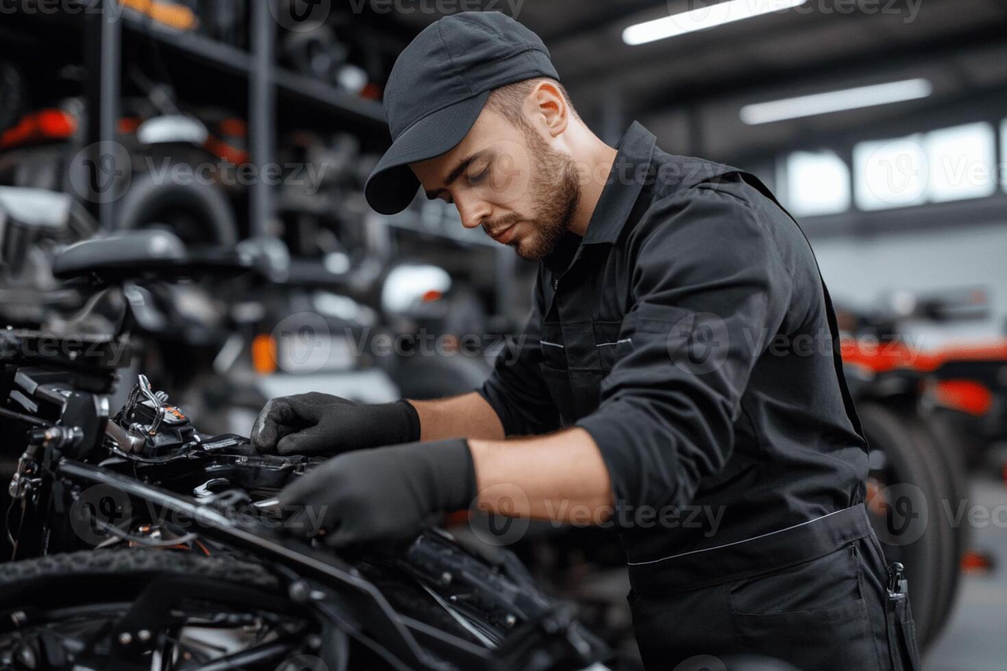 A man in a black shirt and hat working on a motorcycle photo