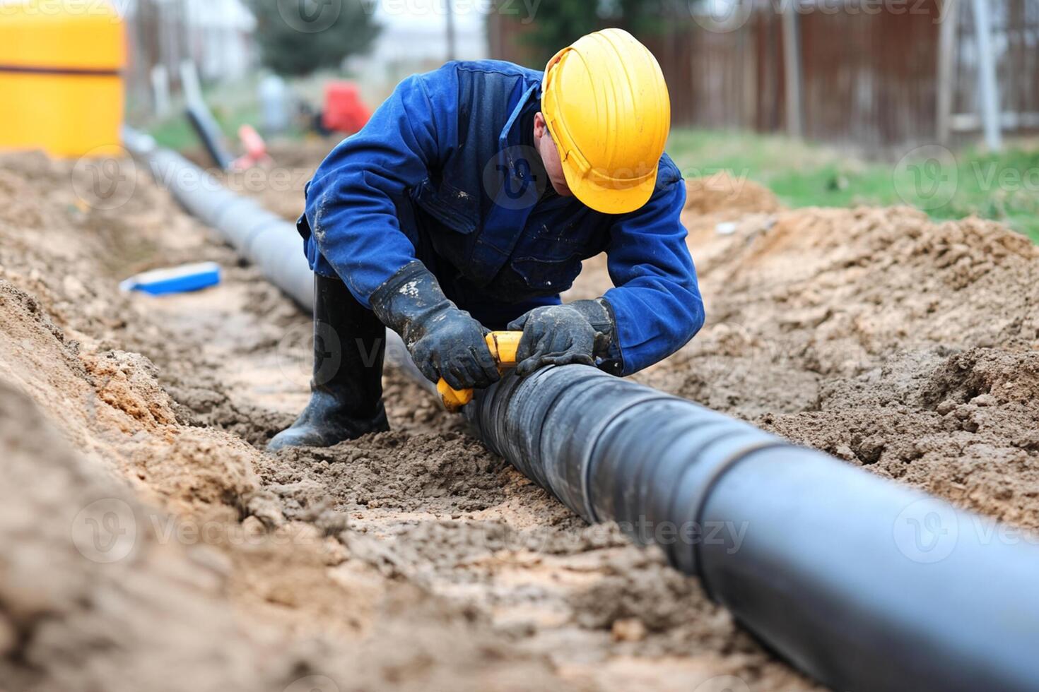 A man in blue overalls working on a pipe photo