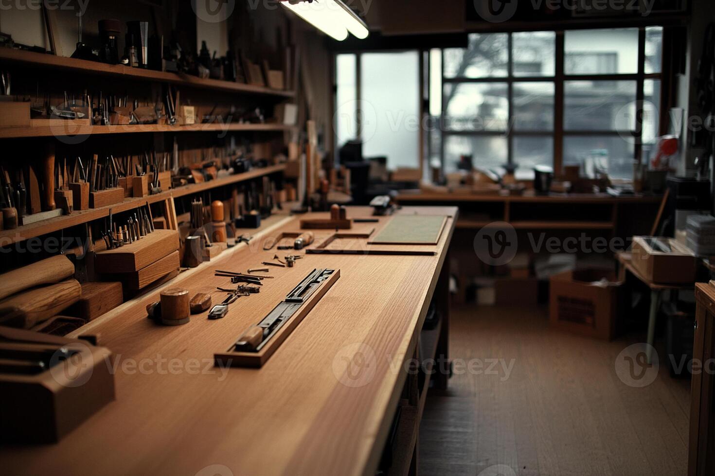 A woodworking shop with many tools on the counter photo