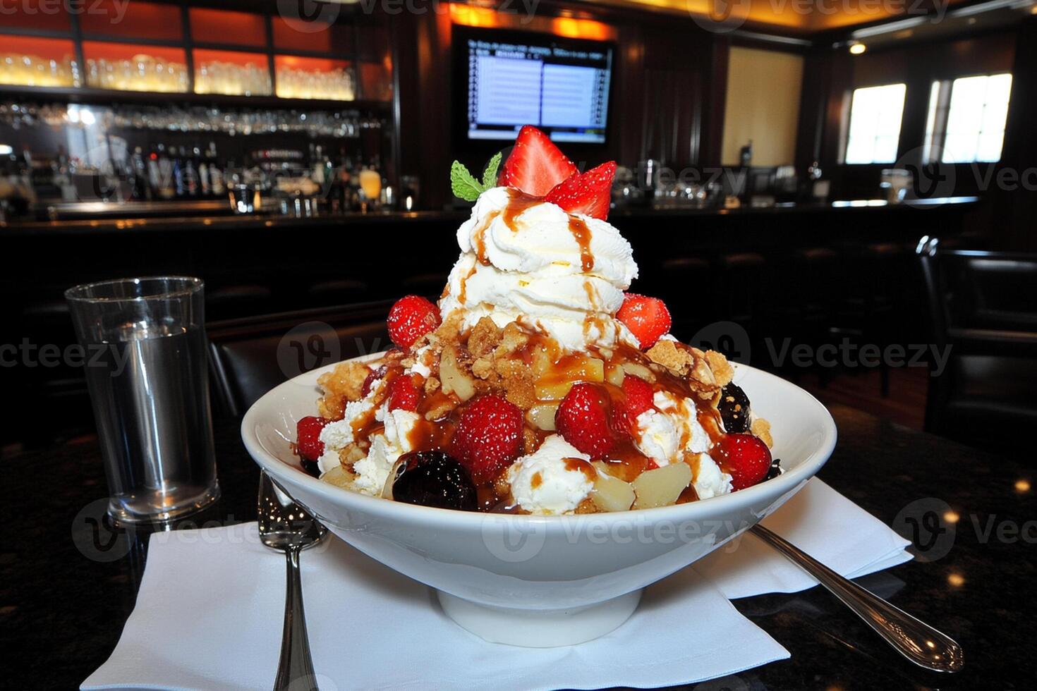 A bowl of ice cream with strawberries and whipped cream photo