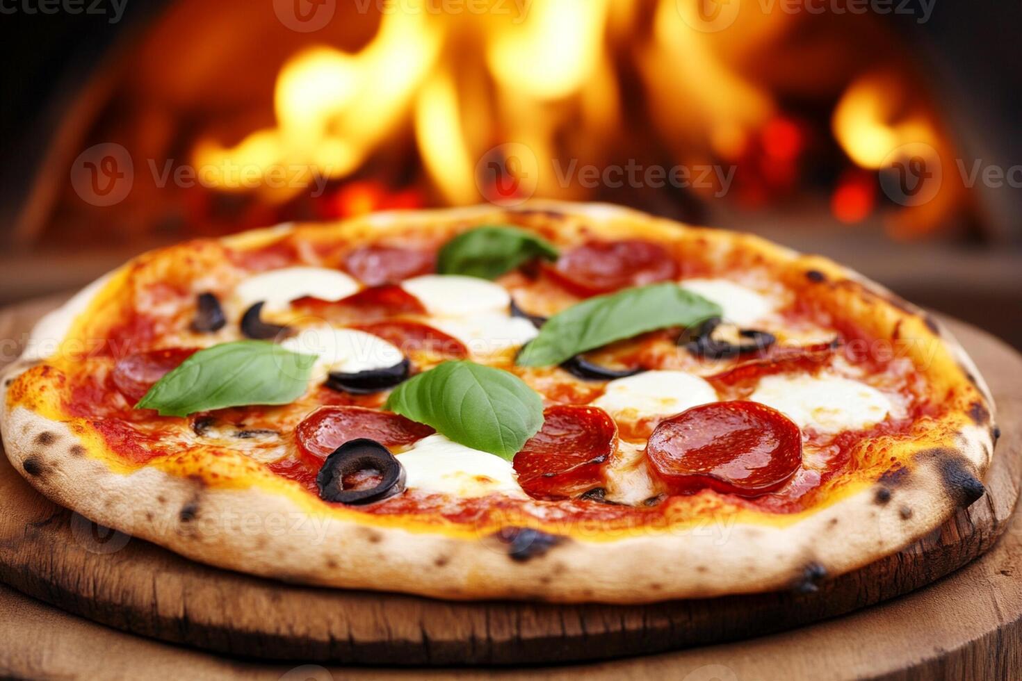 A pizza is shown on a wooden board with a fire in the background photo