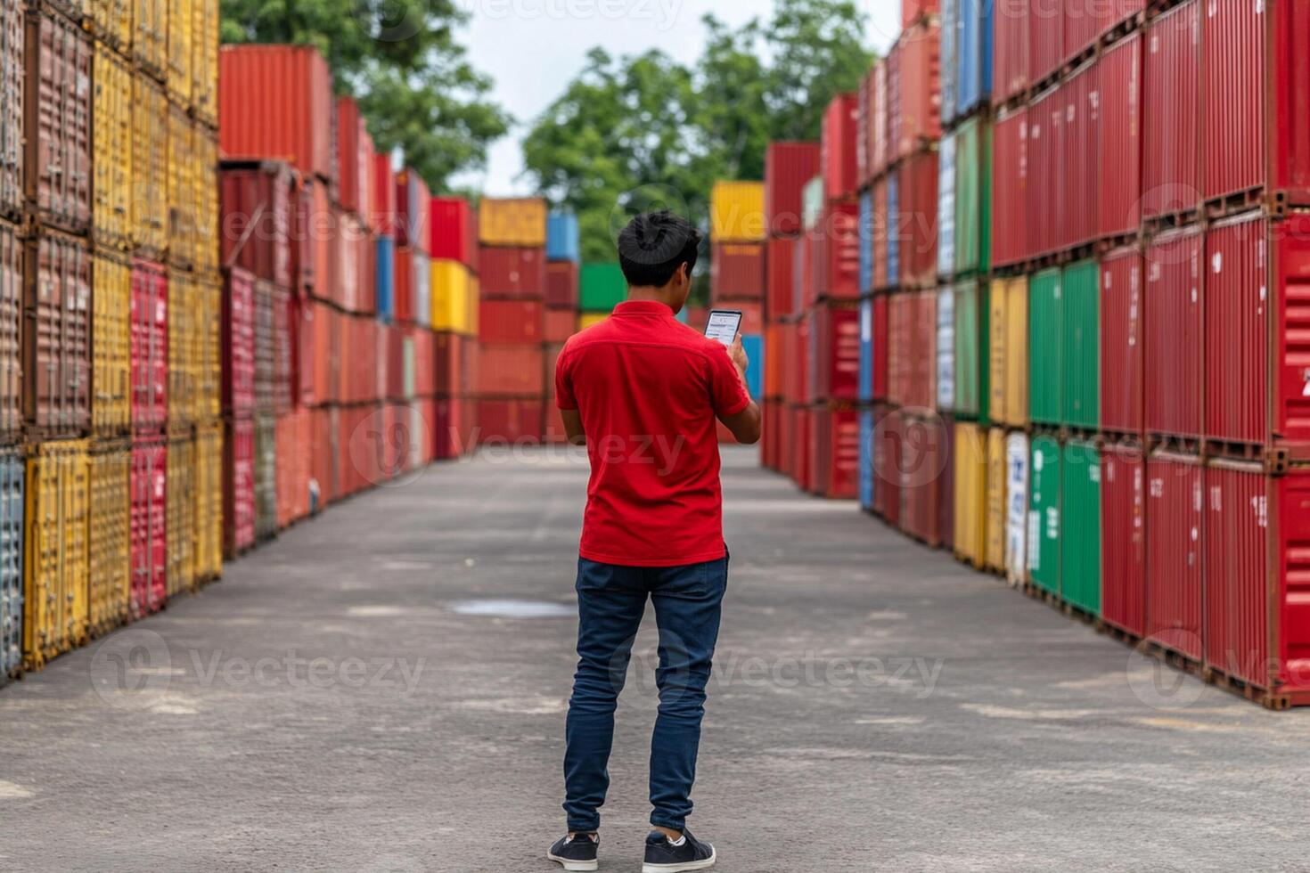 A man standing in front of a large container stack photo