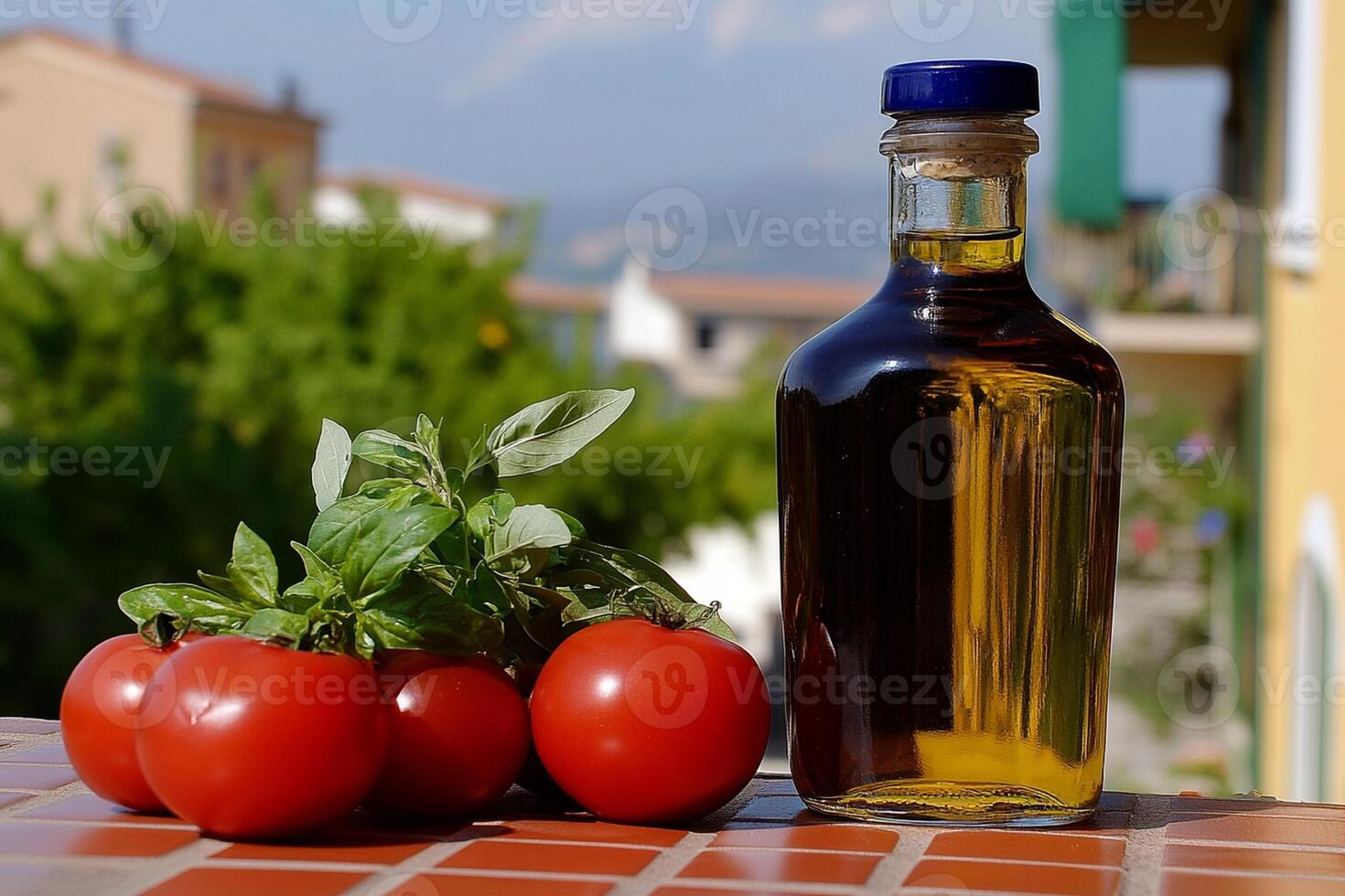Tomatoes and olive oil on a table photo