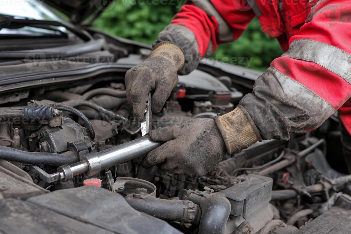 A man in red gloves is working on a car engine photo