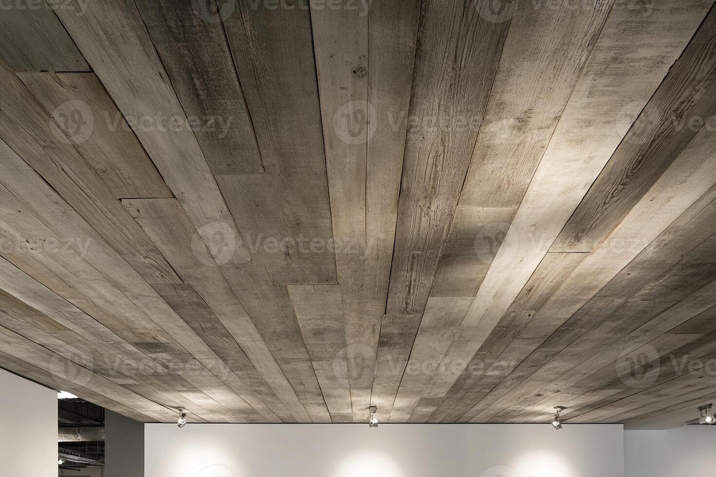 A wooden ceiling with lights on it photo