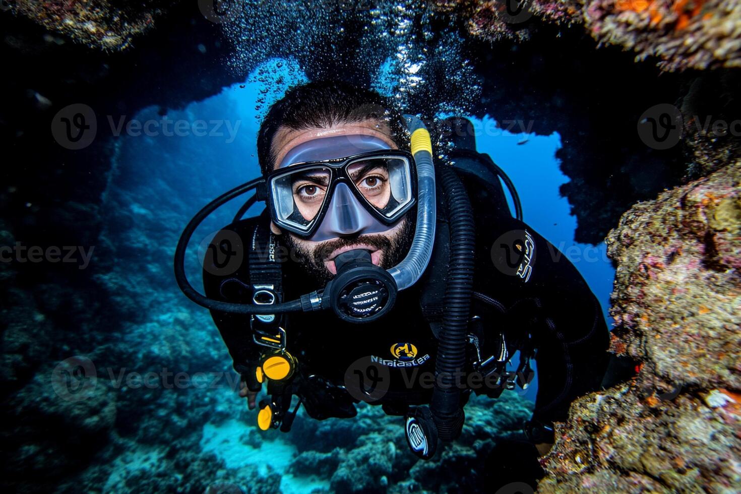 A man in a scuba suit and mask is looking through a hole photo