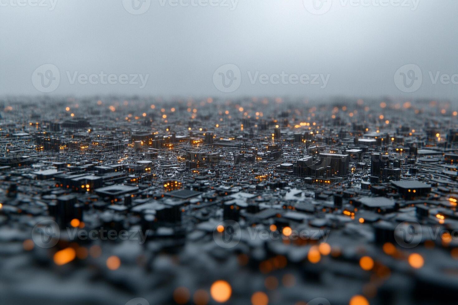 A city with lights on the ground in the fog photo