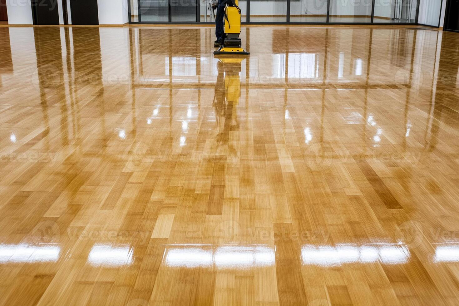 A man is cleaning a wooden floor in a large room photo