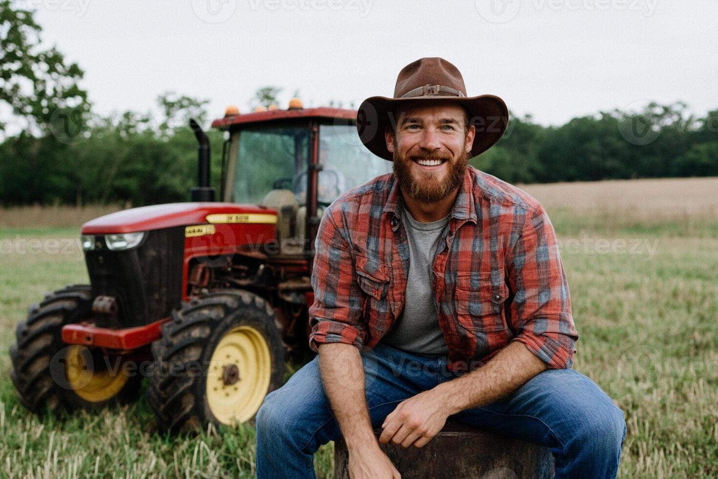 A man in a cowboy hat sitting on a stump in front of a tractor photo
