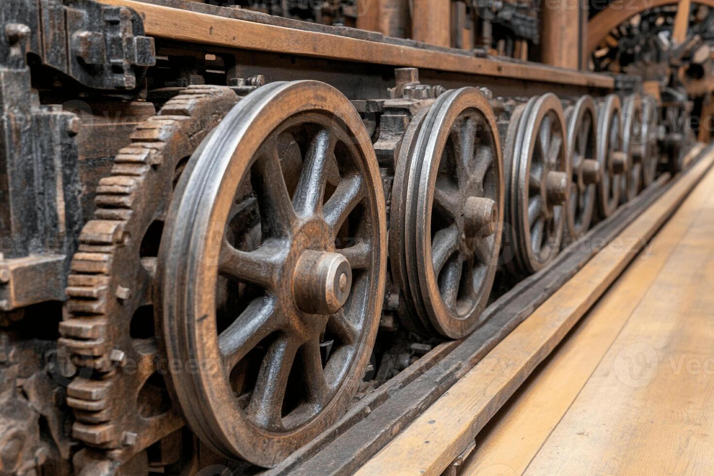 The wheels of an old steam engine are shown photo