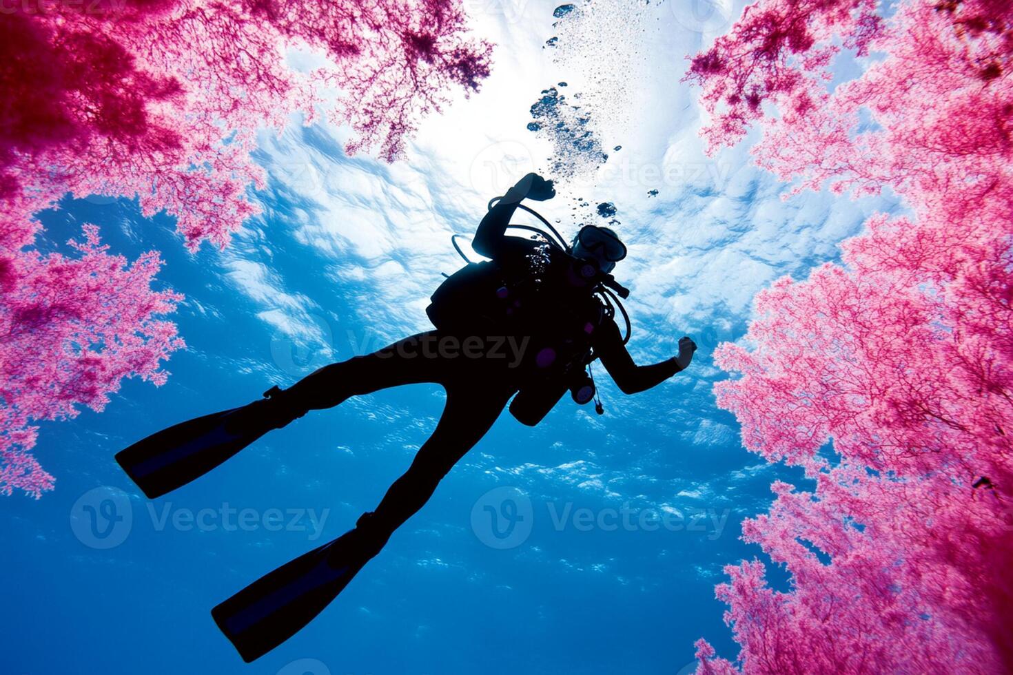 A scuba diver in front of pink trees photo