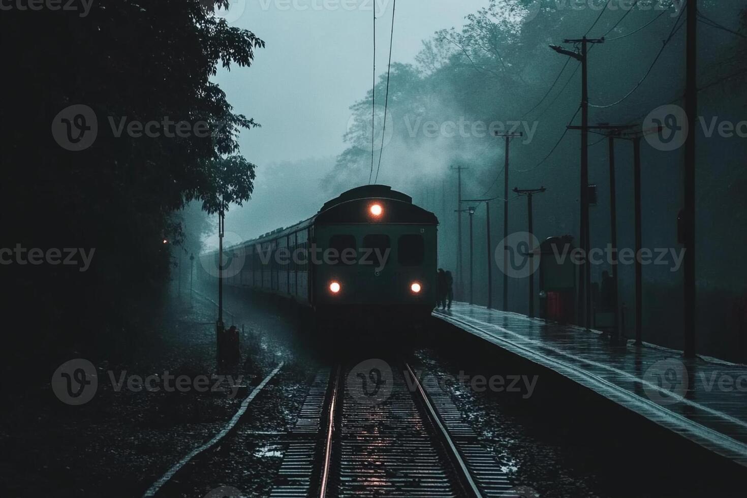 A train is traveling down the tracks in the rain photo