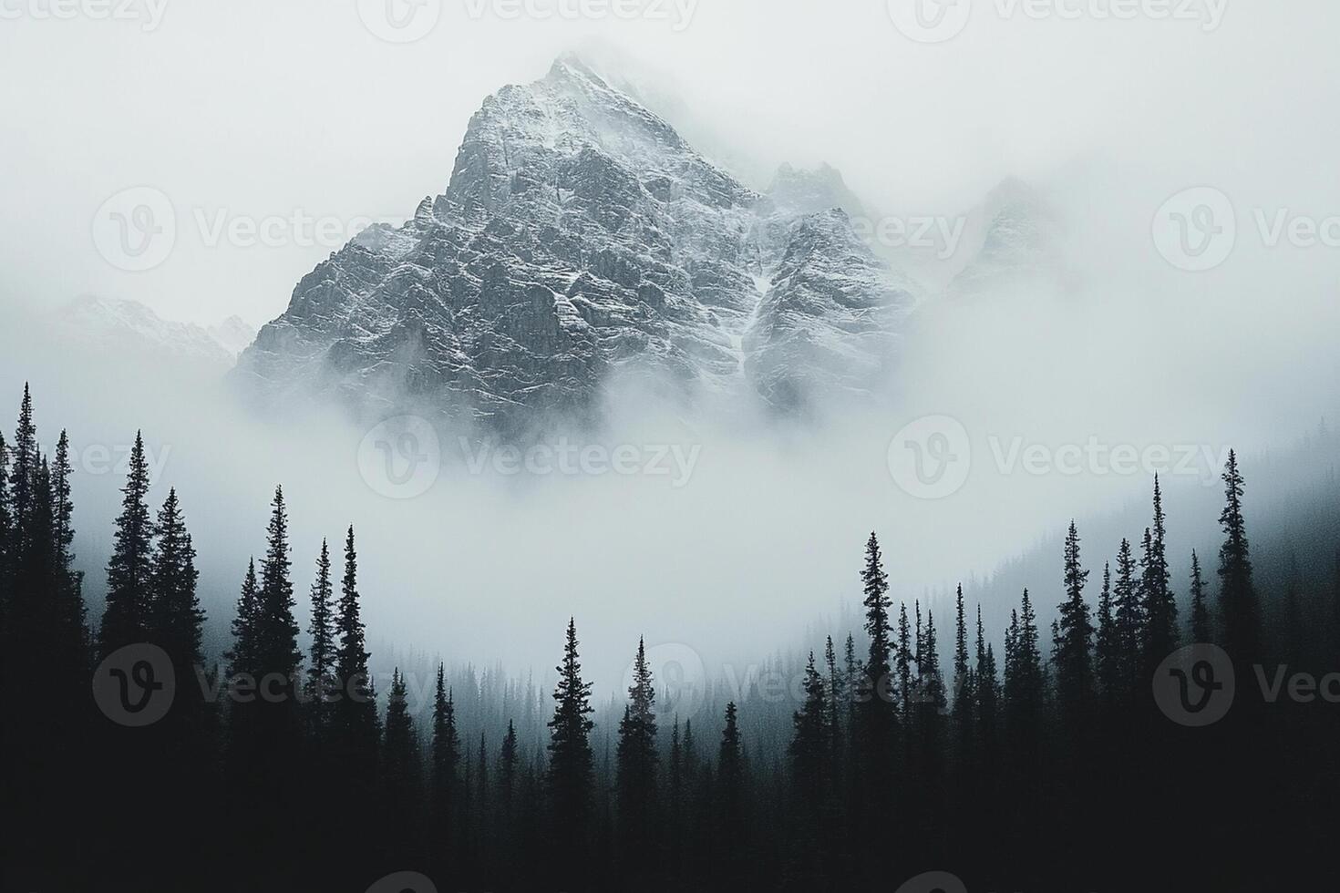 A mountain covered in fog with trees in the foreground photo