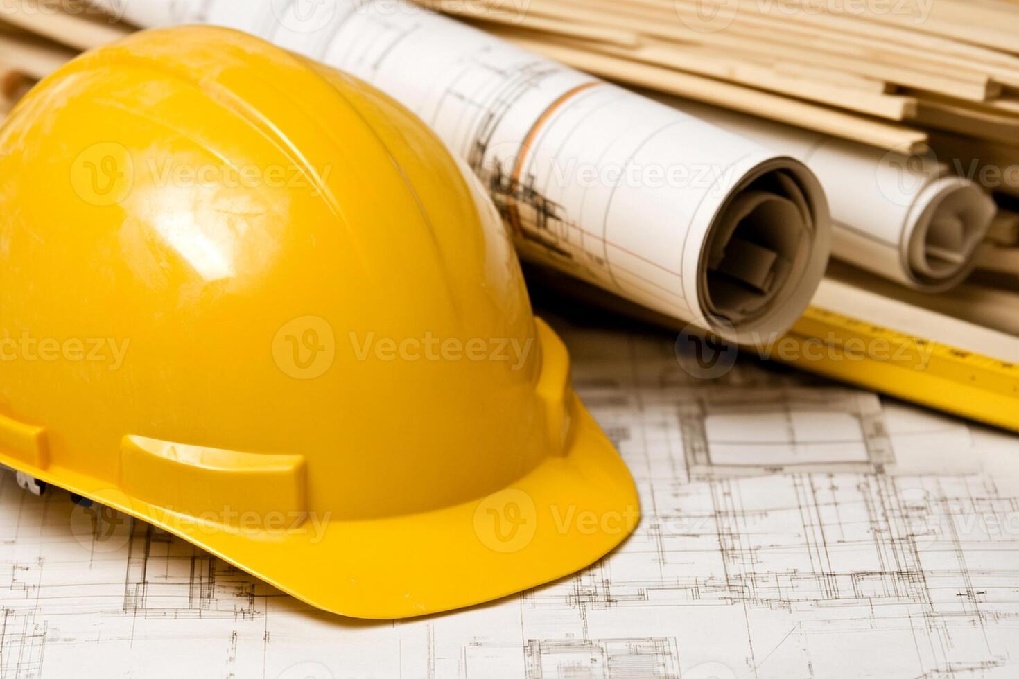 A hard hat and construction plans on top of a table photo