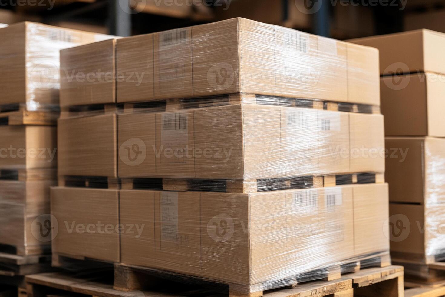 A large number of boxes stacked on pallets photo