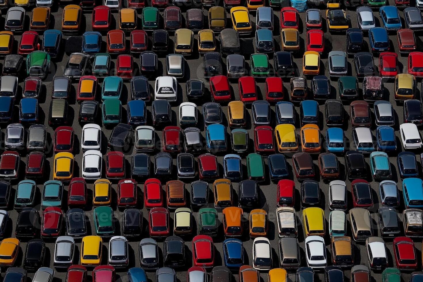 An aerial view of a parking lot full of cars photo