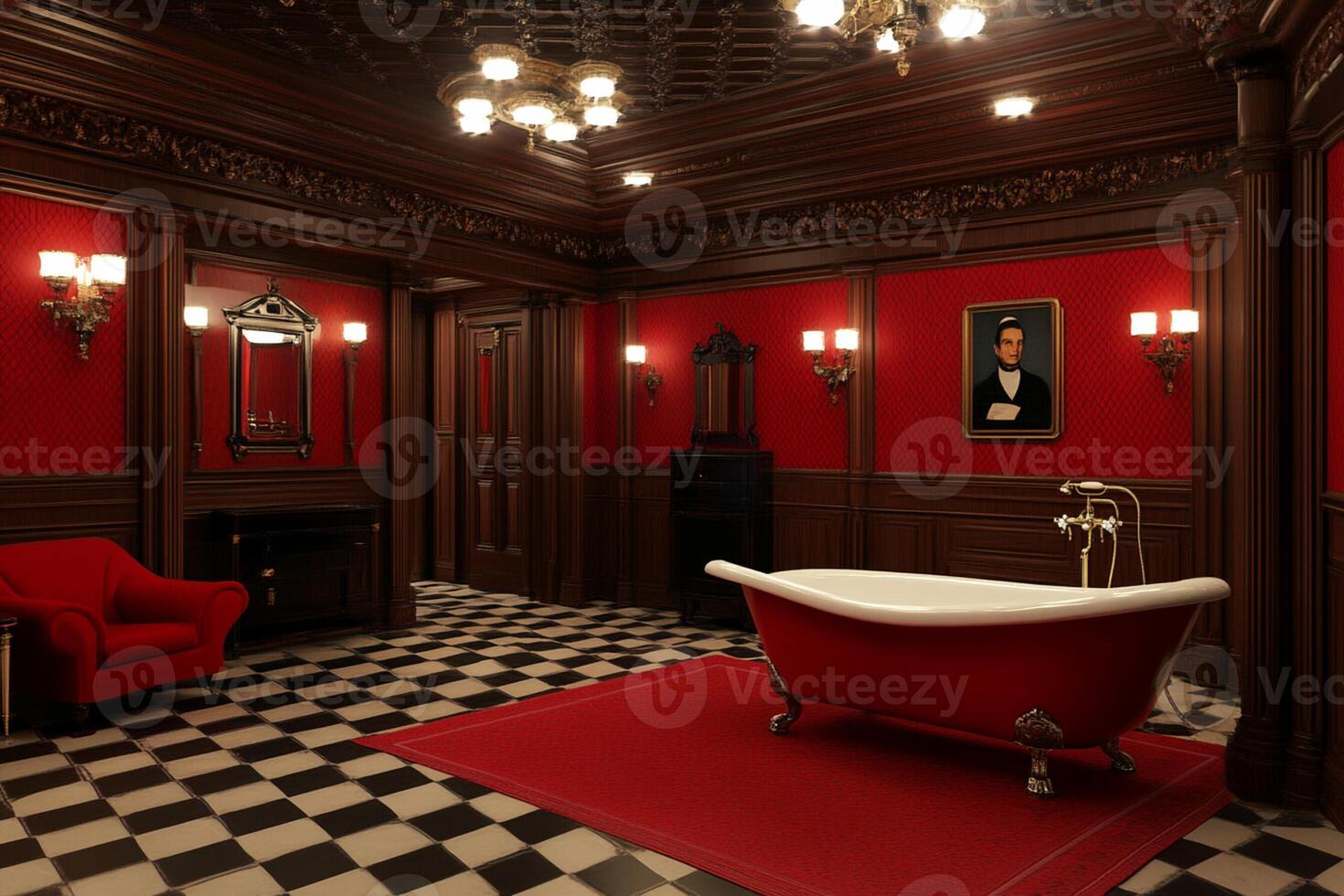 A red bathtub sitting in a room with a black and white checkered floor photo