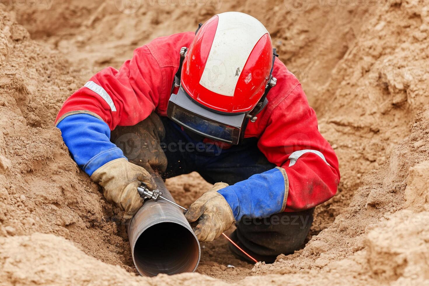 A man in a red helmet and red shirt is fixing a pipe photo