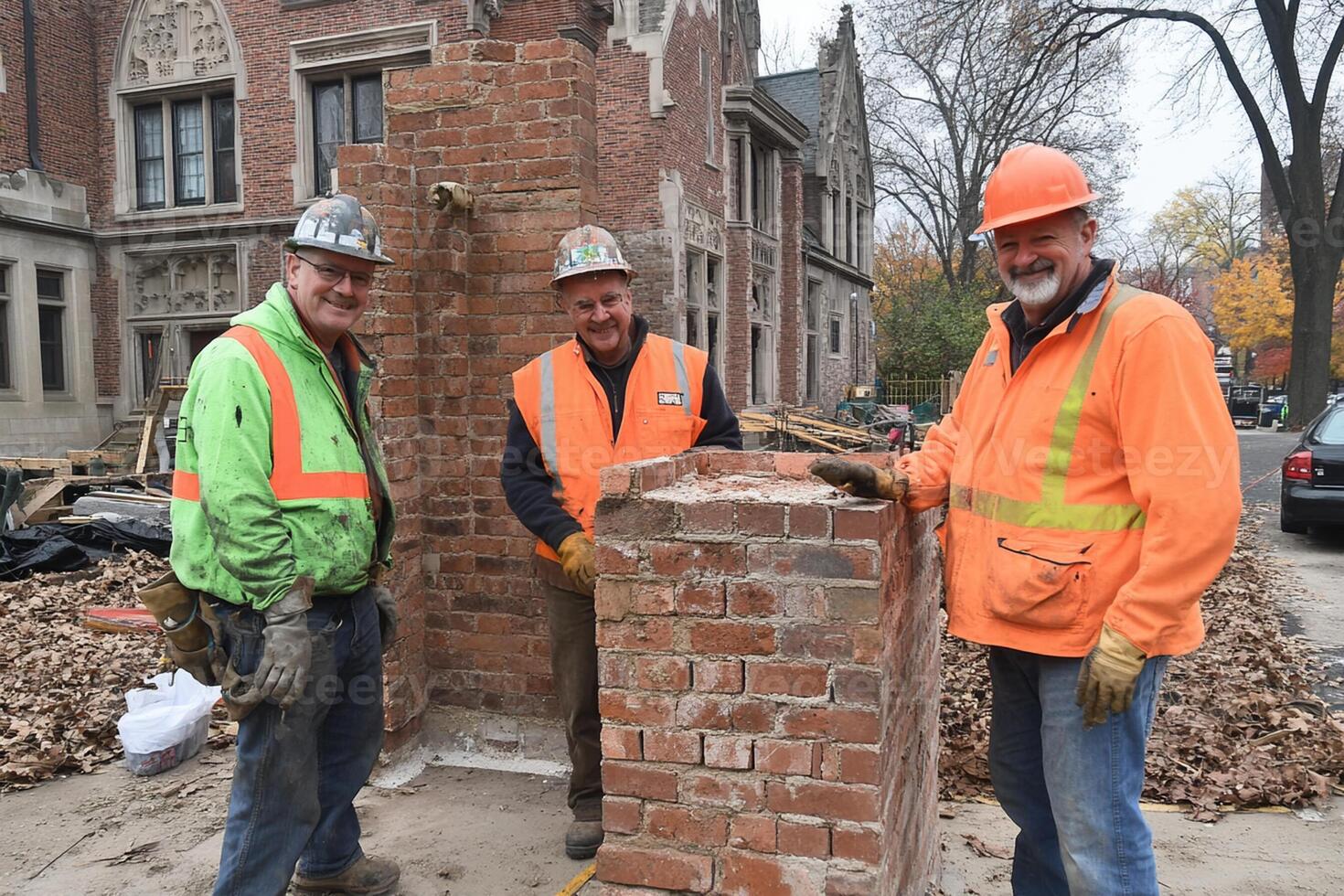 Three men in hard hats and safety vests are standing next to a brick wall photo