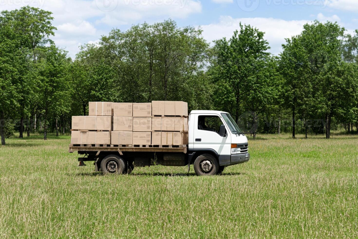 A truck is driving through a field with boxes on it photo