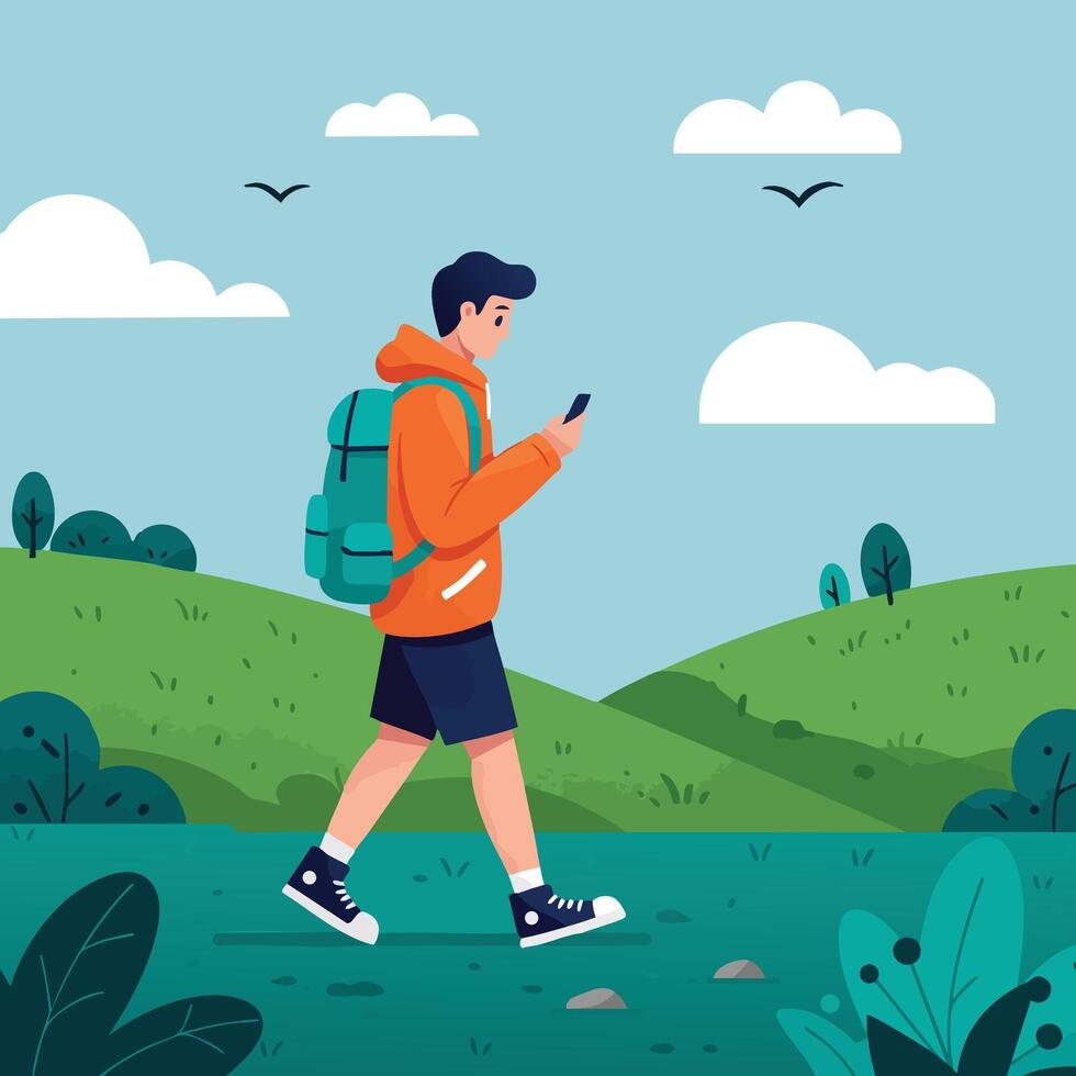Young man walking in green nature landscape using smartphone with blue sky and clouds illustration vector