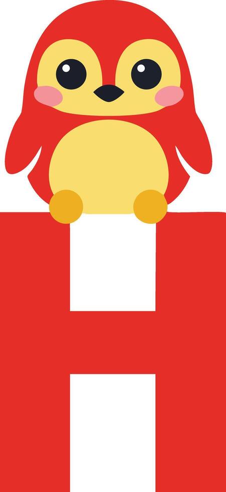 Cute red and yellow penguin sitting on large red letter H illustration for childrens alphabet learning material vector