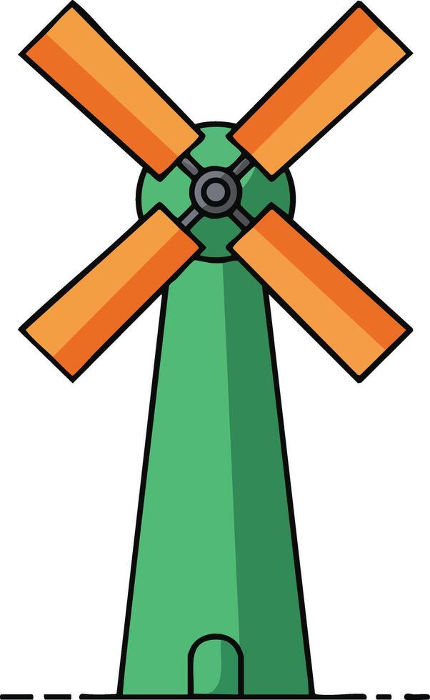 Green windmill with orange blades simple flat design illustration for landscape and architecture themes vector