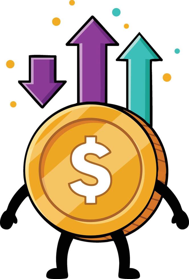 Cartoon Coin Character with Dollar Sign and Colorful Financial Arrows Illustration vector