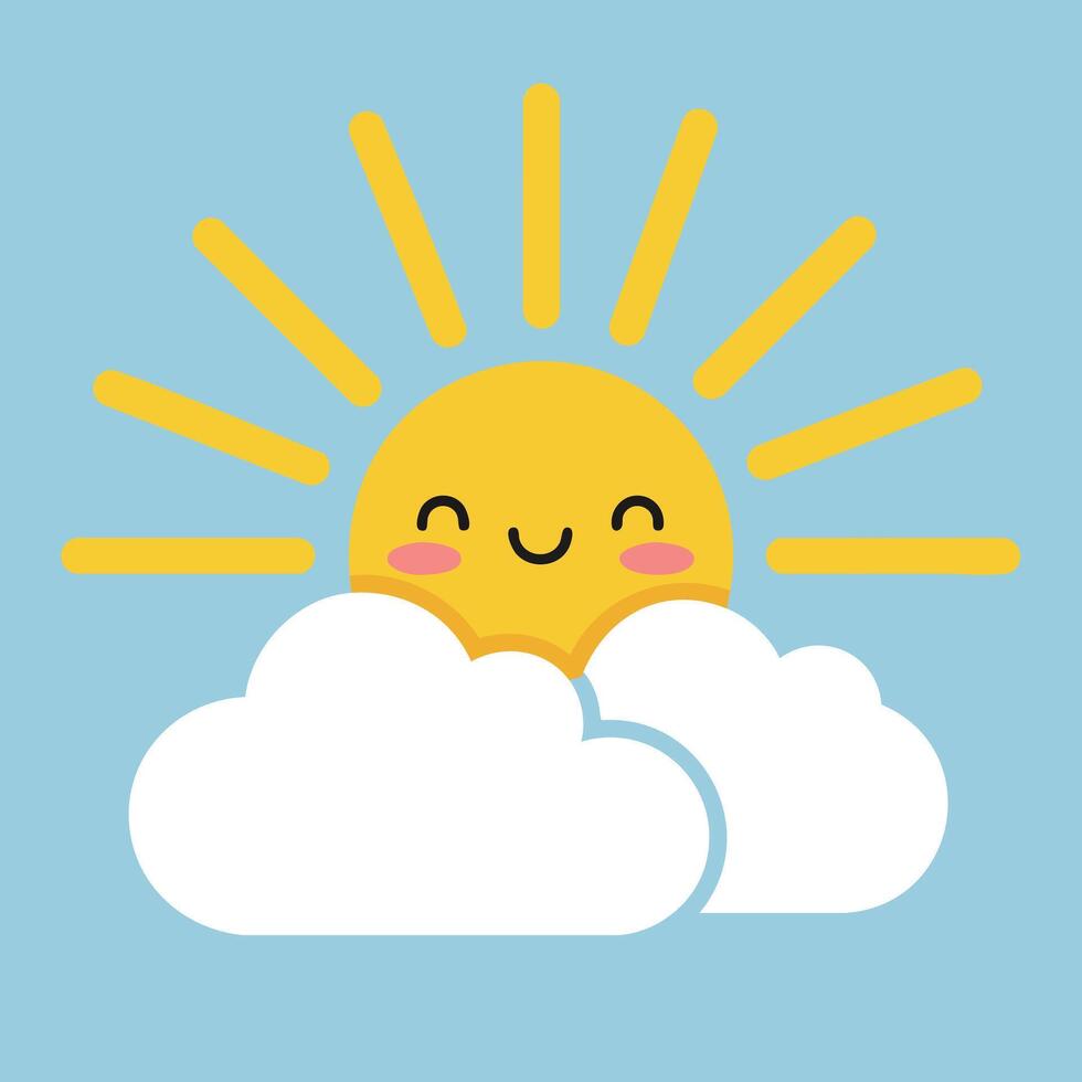 Smiling sun with yellow rays behind white clouds on blue background illustration cheerful weather icon vector