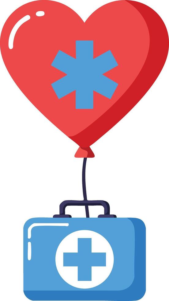Heart shaped medical balloon with first aid kit symbol illustration in red and blue colors for healthcare concept vector