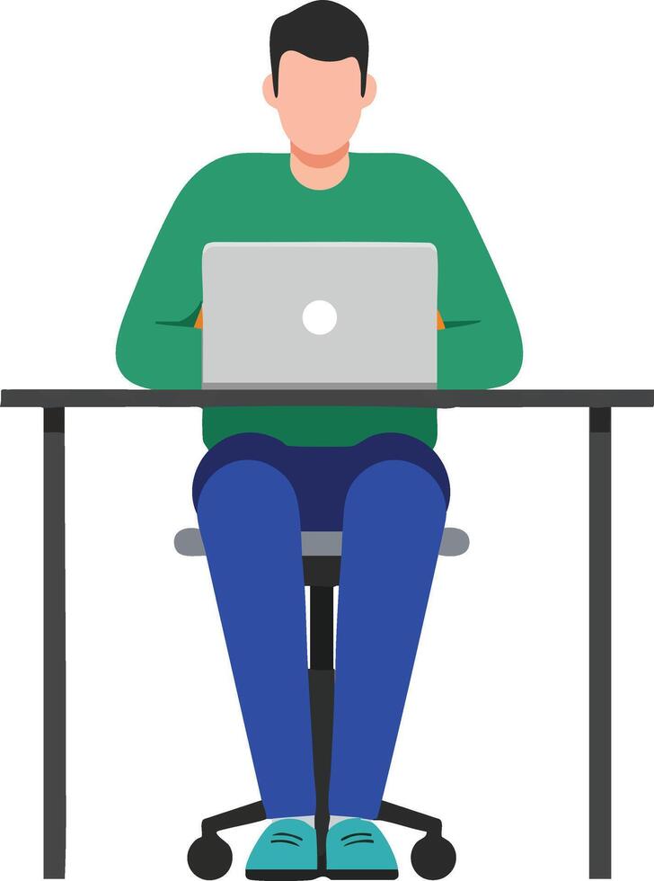 Man working on laptop at desk in casual clothing with green sweater and blue pants illustration vector