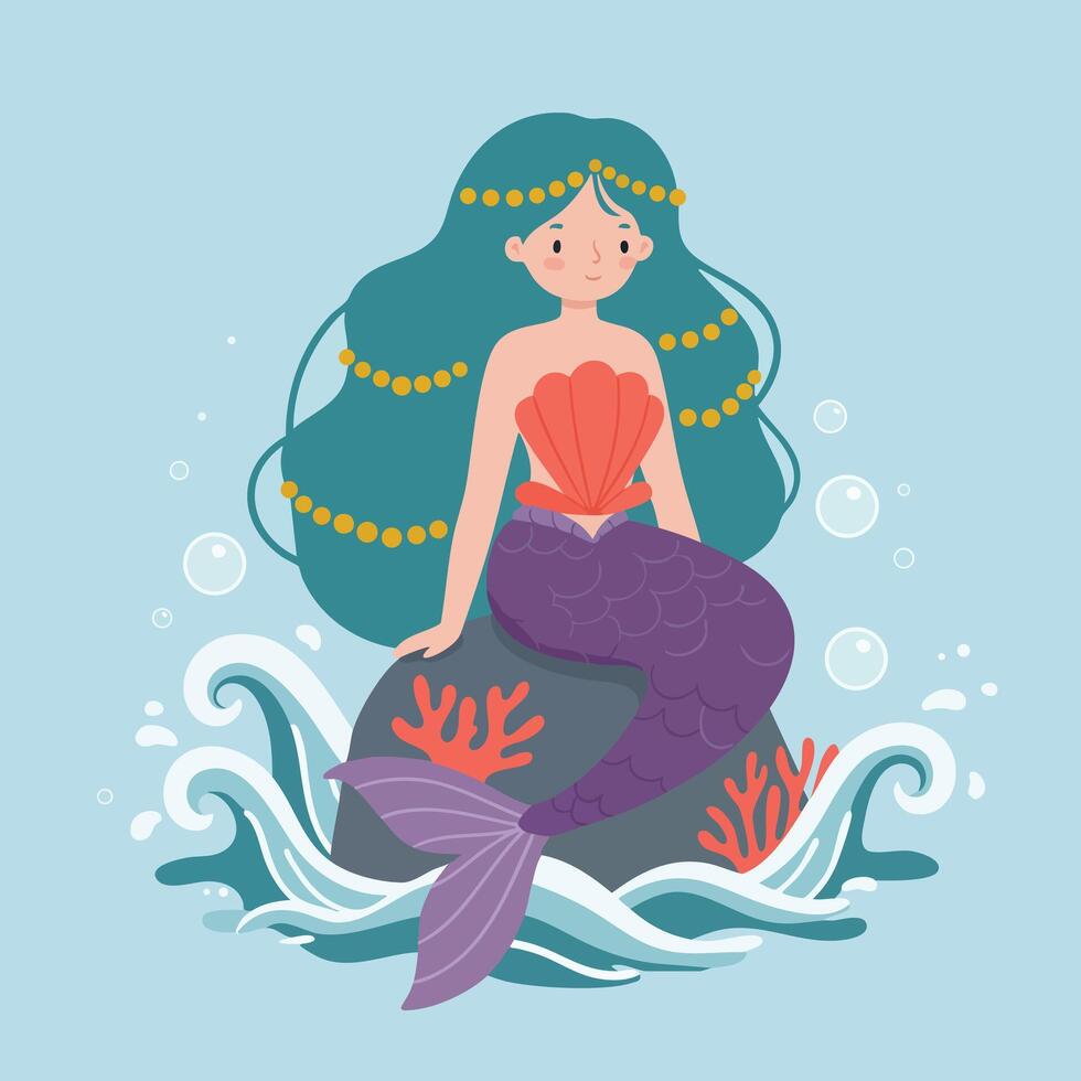 Mermaid with purple tail sitting on rock with sea coral and bubbles in ocean water illustration vector