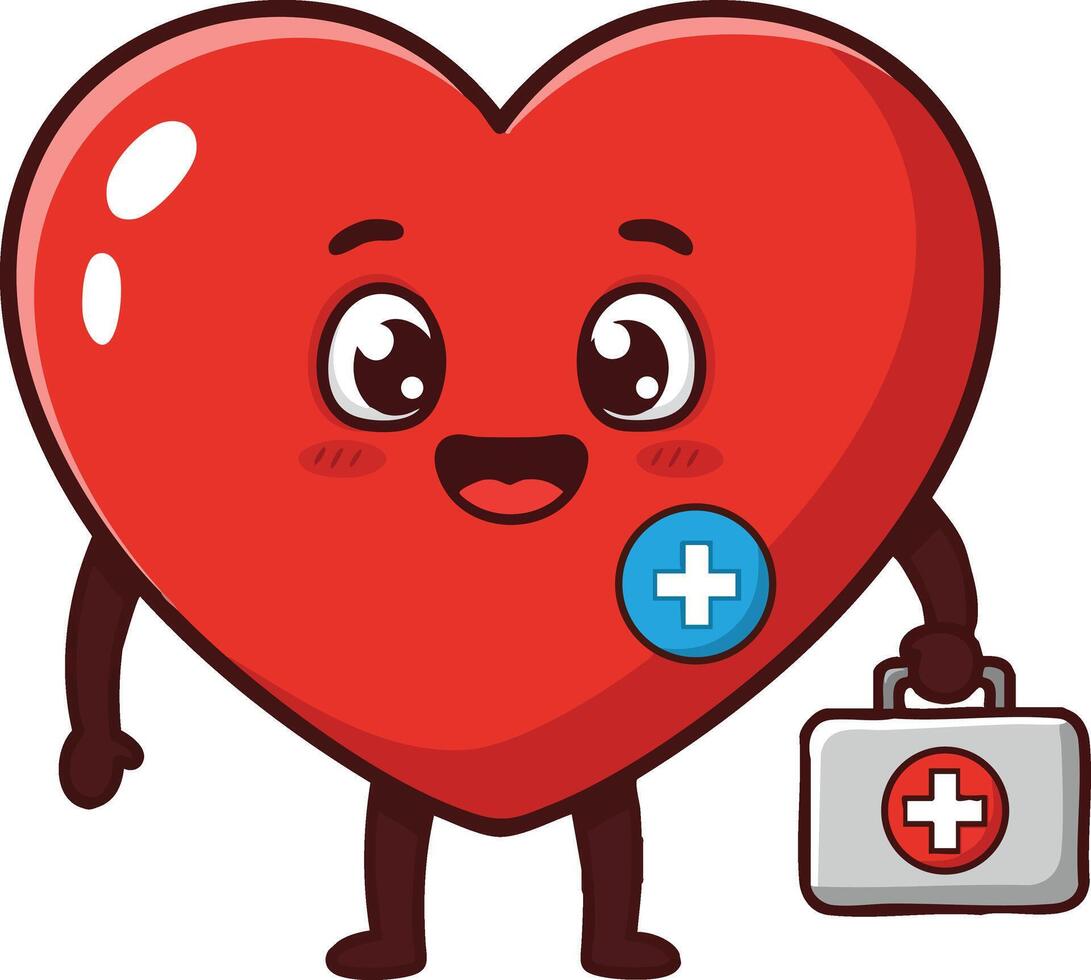 Cute red heart character holding medical kit smiling health and care illustration vector