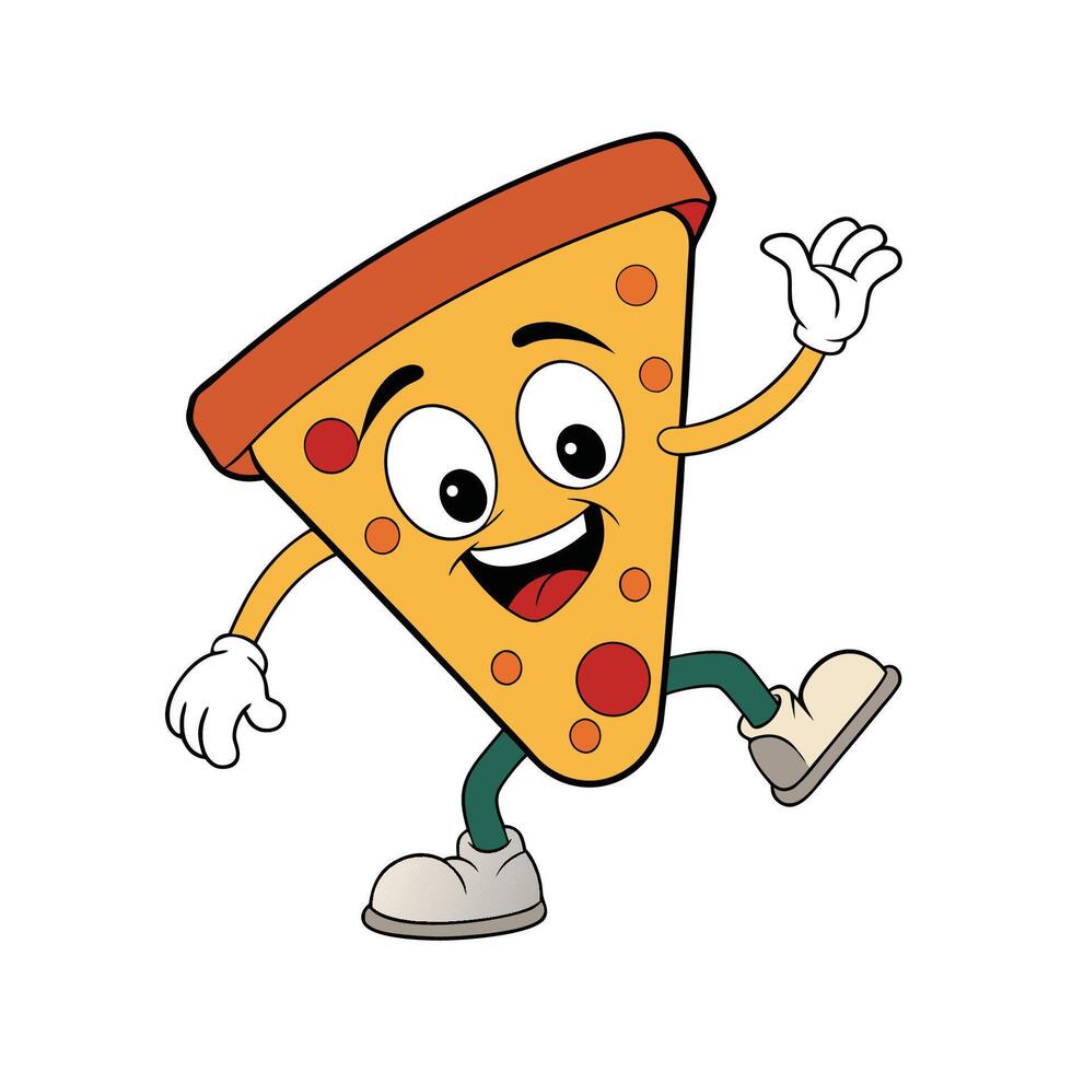 a cartoon slice of pizza character running and waving vector