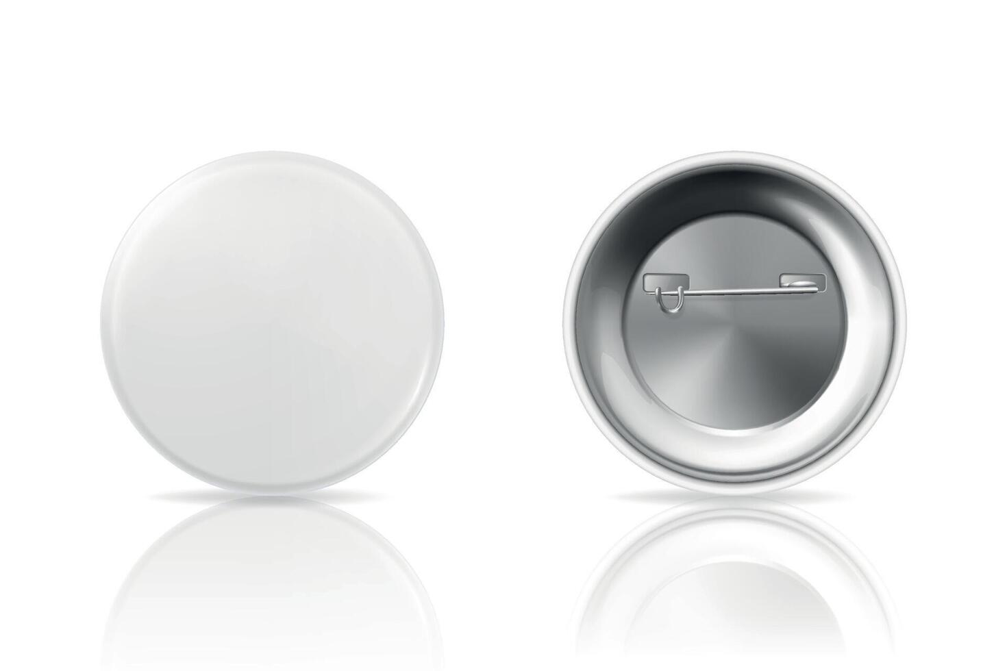 Blank White Badge Icon, Isolated. Realistic Round Badge Front and Back View. Metal Pin Badge Template. Glossy Button Badge Mockup, Design Template for Branding, Promo vector