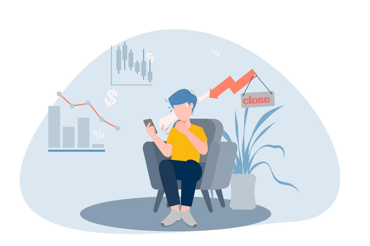 Flat style illustration of a man checking economic crisis news on phone. Downward arrow and graph show recession and financial downturn concept vector