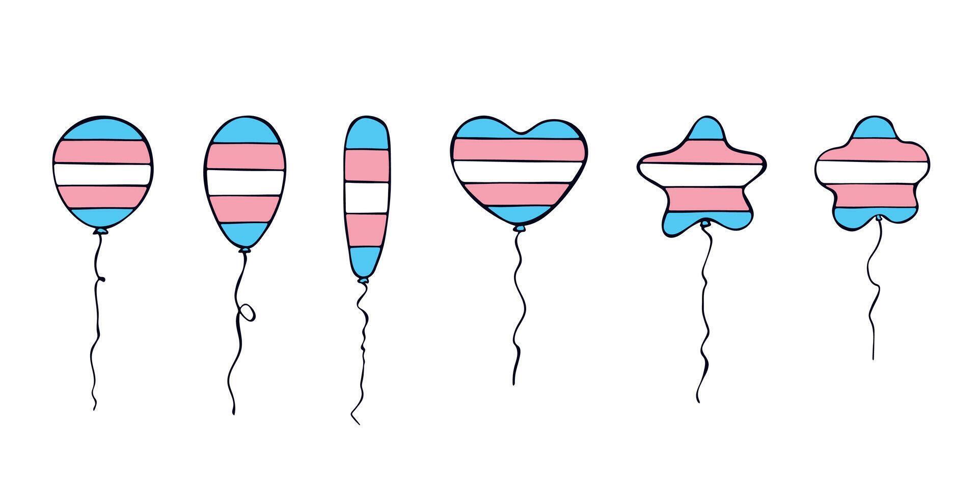 Set of colorful flying balloon Transgender pride flag Happy pride day LGBTQIA community Pride Month hand drawn doodle for posters, stickers, logo, cards vector