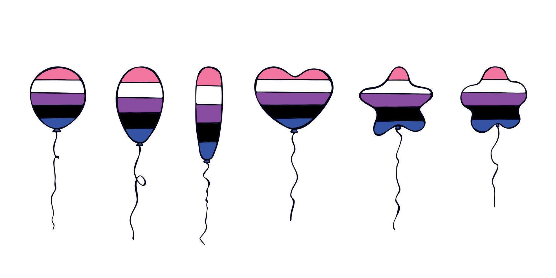 Set of colorful flying balloon Gender fluid pride flag Happy pride day LGBTQIA community Pride Month hand drawn doodle for posters, stickers, logo, cards vector