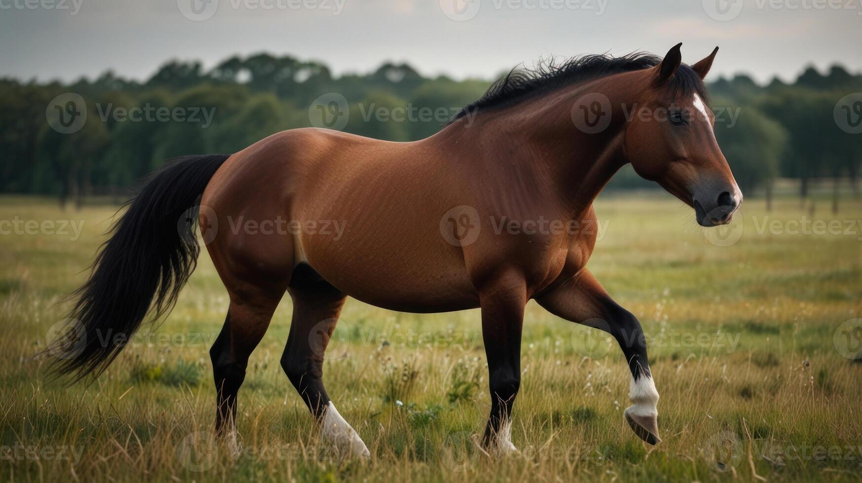Horse in a field at dawn photo