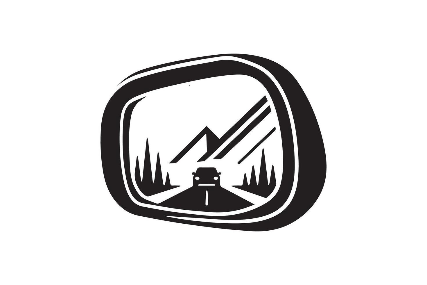 A car is reflected in a mirror with mountains in the background vector