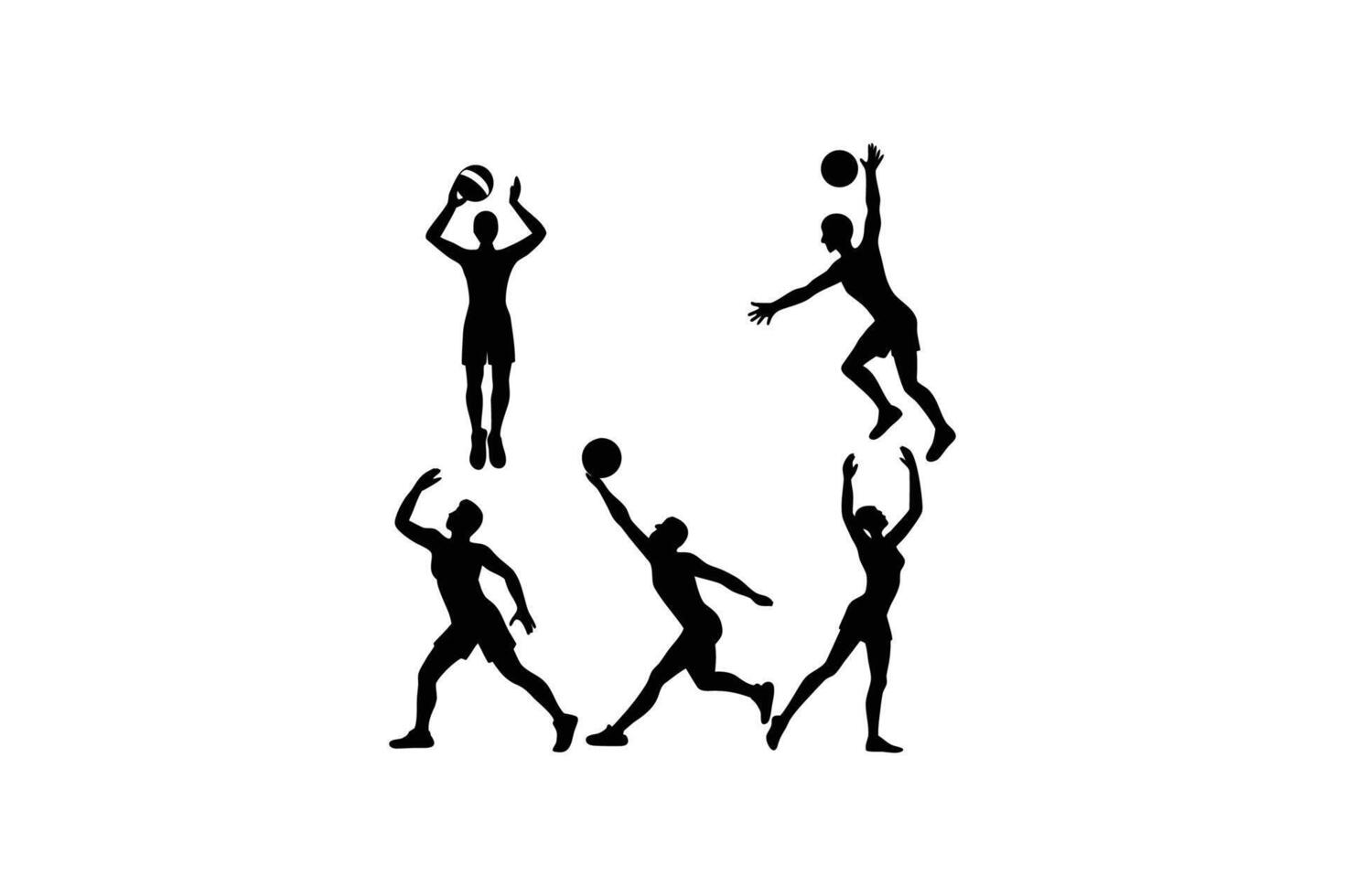 Black Silhouettes of Volleyball Players in Action Serving Spiking and Blocking on a White Background vector