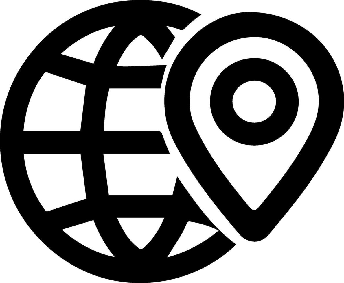 Black icon of globe symbolizing the Internet. Next to it is geolocation point vector