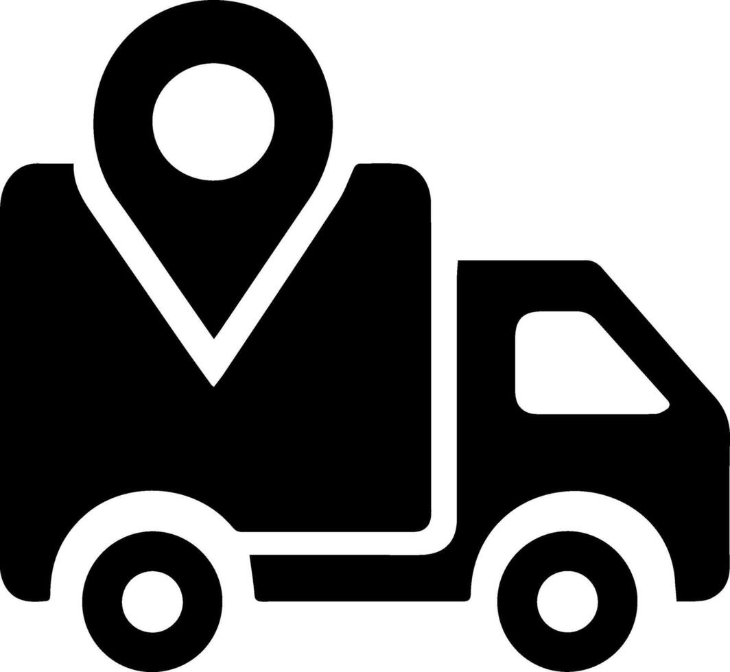 Cargo delivery. Black truck icon with geolocation point on body vector