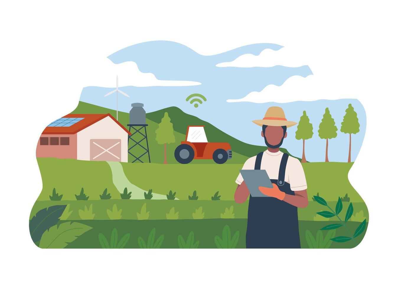Farmer using tablet in agricultural field vector