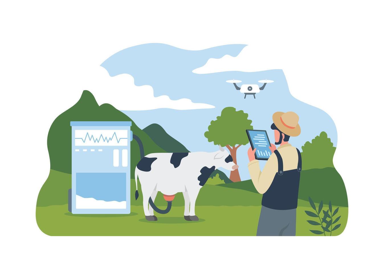 farmer using technology for cattle management vector