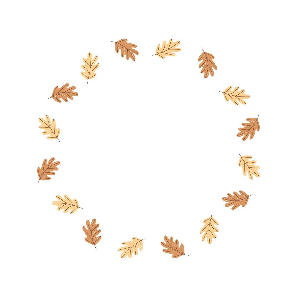 Autumn oak leaf wreath in a circular frame on white background. Perfect for seasonal cards, invitations, and decorative design. Natural, clean, and elegant layout. vector