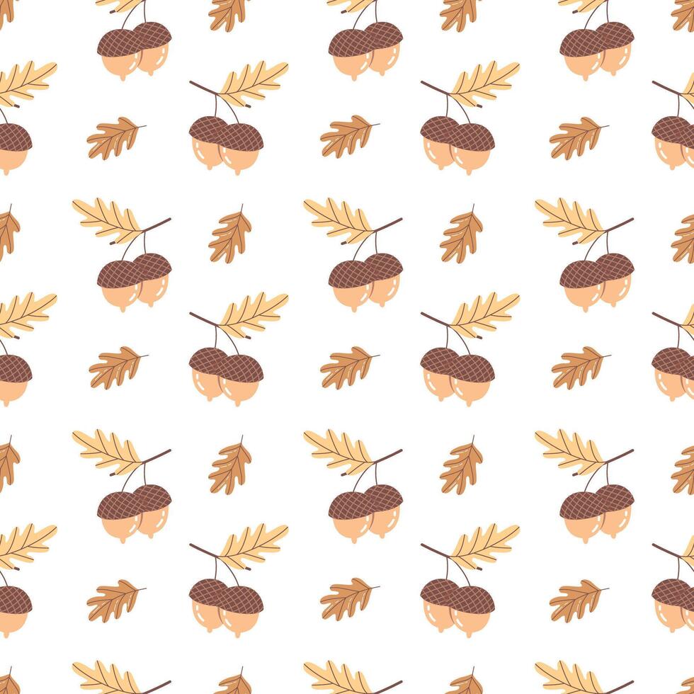 Cute seamless pattern with hand drawn acorns and oak leaves. Autumn forest design in warm earthy tones. Ideal for seasonal packaging, textiles, and wrapping paper. vector