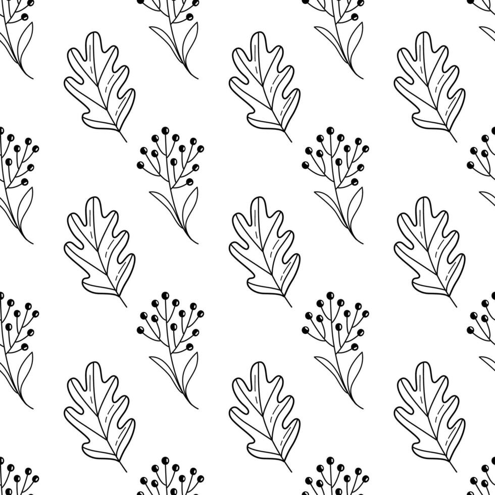 Seamless oak leaf and berry pattern in hand drawn black and white style. Perfect for coloring pages, fabric, wrapping paper, and fall design projects. Elegant and natural look. vector